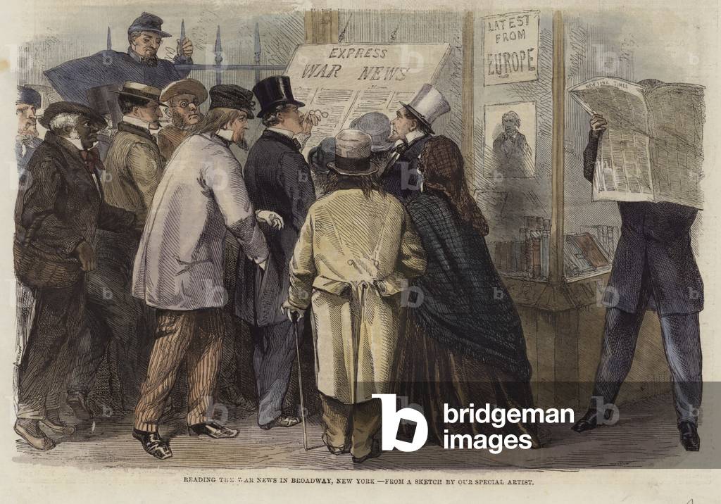 Reading the war news in Broadway, New York (coloured engraving)