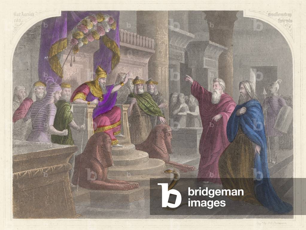 Moses and Aaron before Pharaoh (coloured engraving)