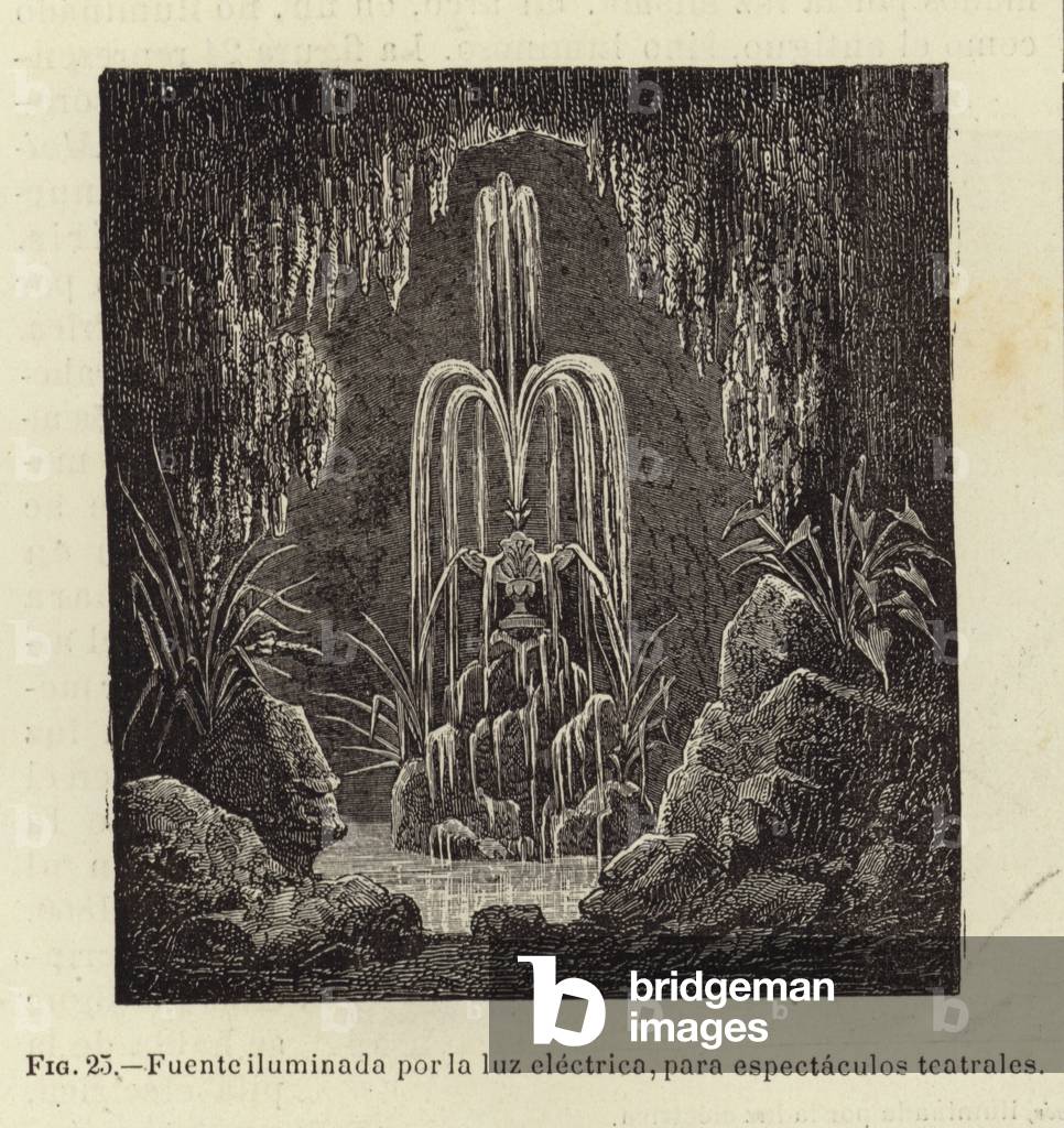 Fountain illuminated by electric light, for spectacles (engraving)