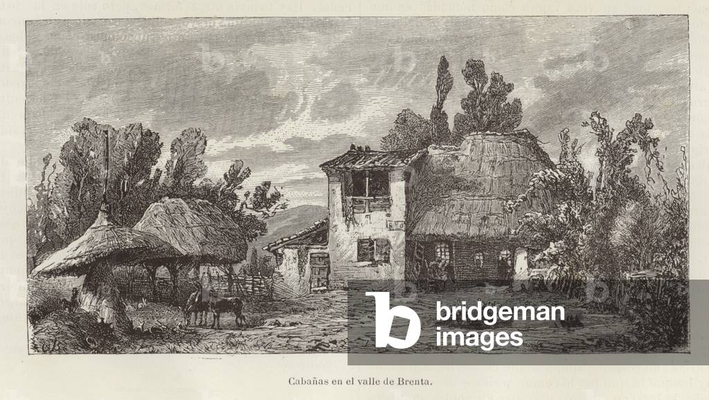 Italy - cottages in the valley of the Brenta river (engraving)