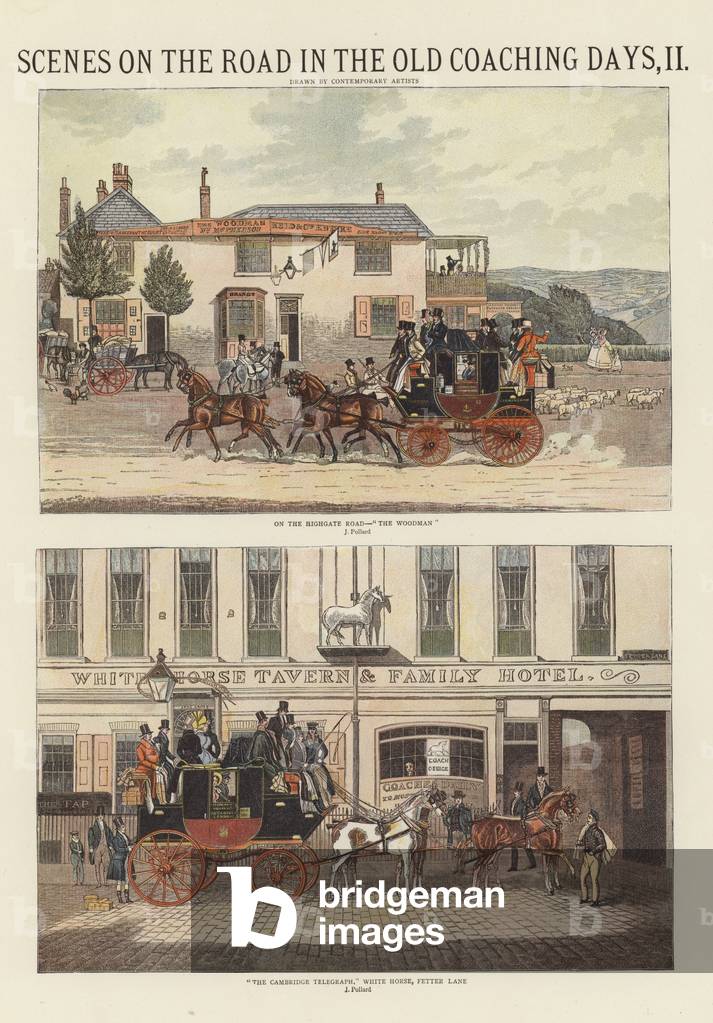 Scenes on the Road in the Old Coaching Days (colour litho)