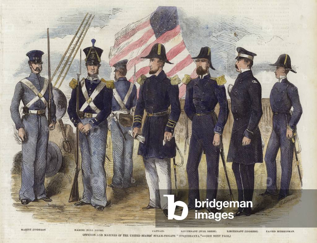 Officers and Marines (coloured engraving)