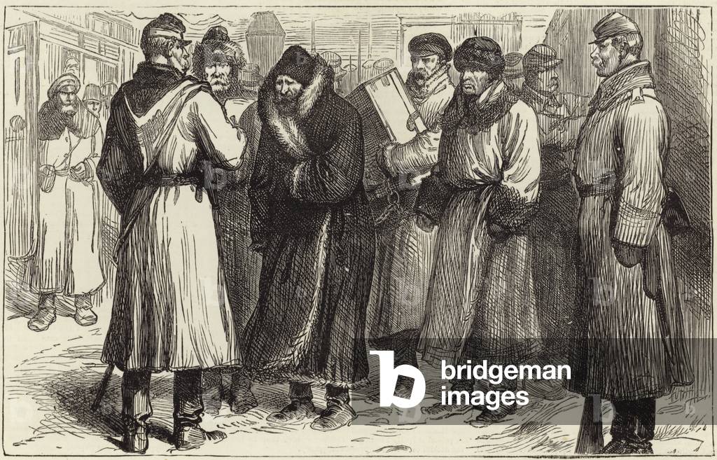 Russian political prisoners at a railway stations (engraving)