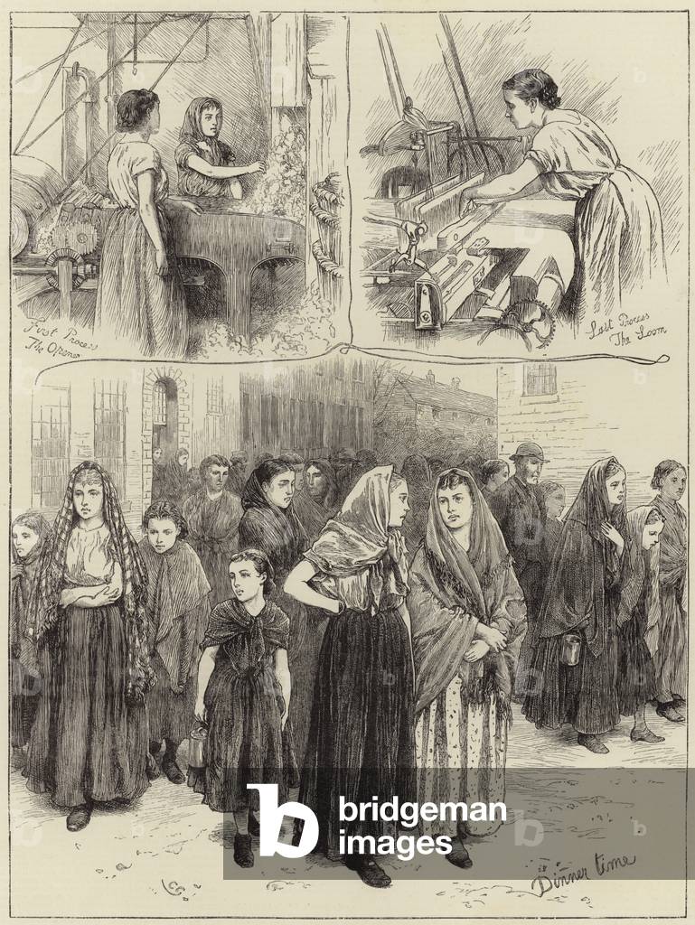 Sketches at a Manchester cotton factory (engraving)