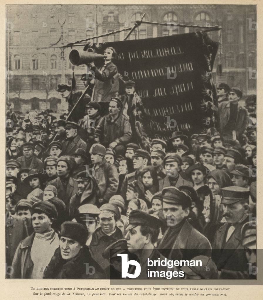 Mass communist demonstration on the streets of Petrograd, Russia, in early 1922 (b/w photo)