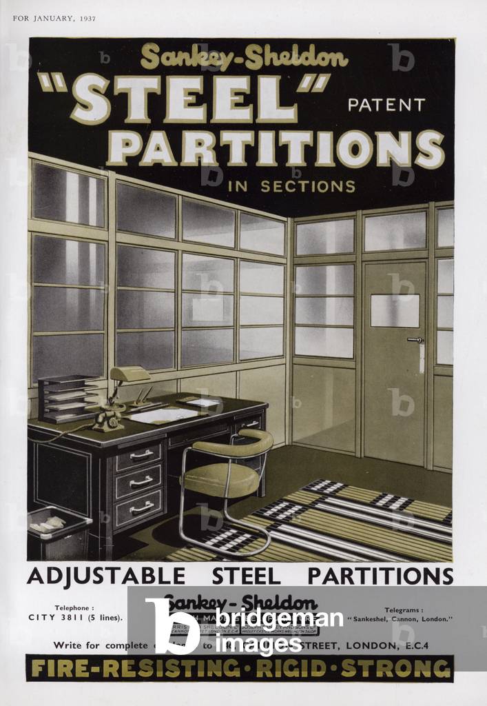Advertisement for Sankey-Sheldon Steel Partitions, 1937 (colour litho)