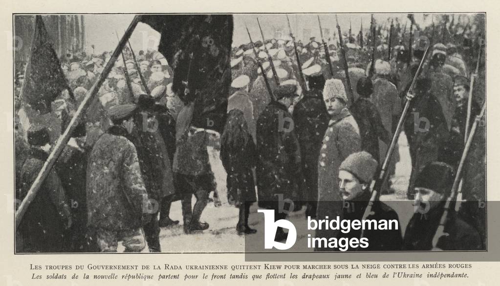 Soldiers of the Ukrainian People's Republic leaving Kiev to march against the Bolshevik Red Army, Russian Civil War (b/w photo)