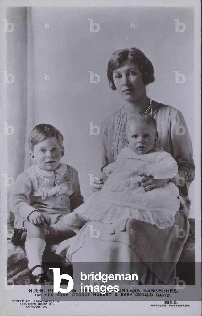 HRH Princess Mary, Viscountess Lascelles, and her sons, George Hubert and baby Gerald David (b/w photo)