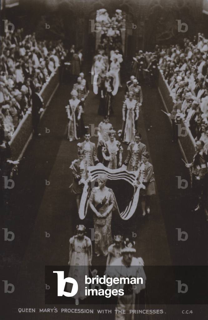 Queen Mary's procession with the Princesses (b/w photo)