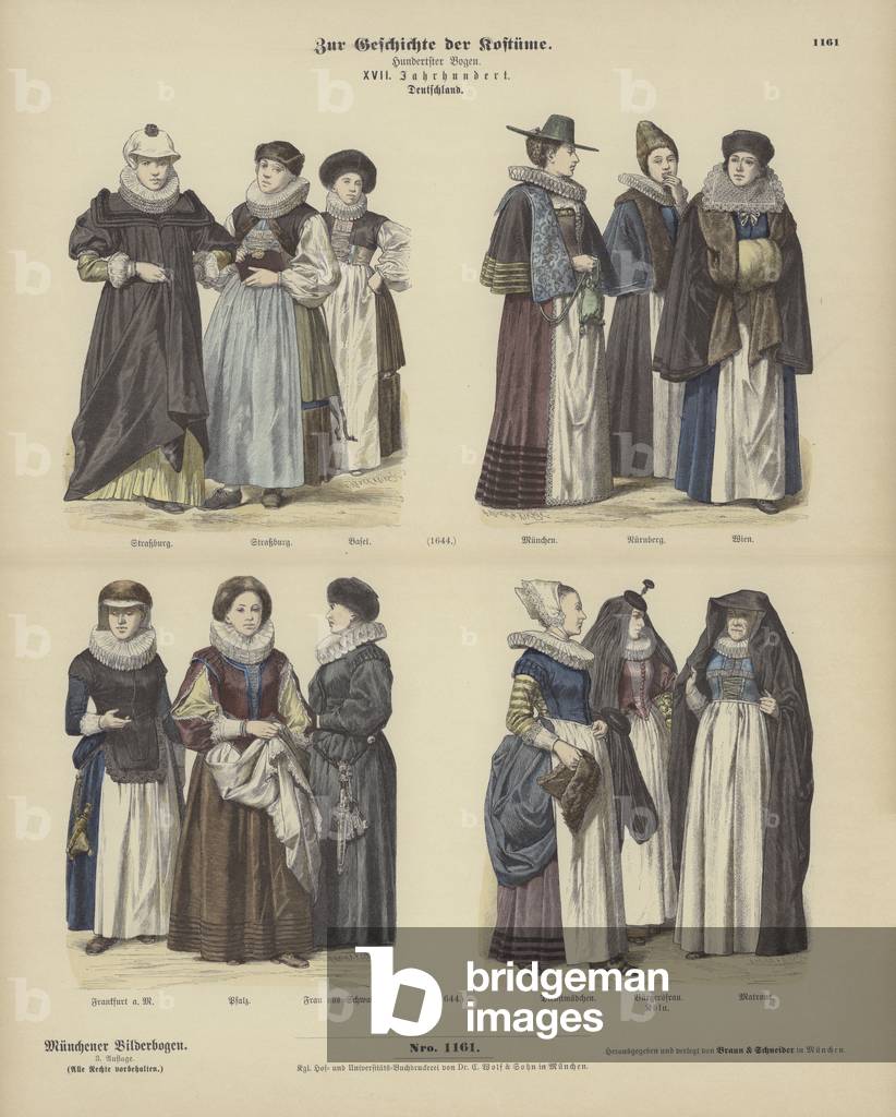 German costumes, 17th Century (coloured engraving)