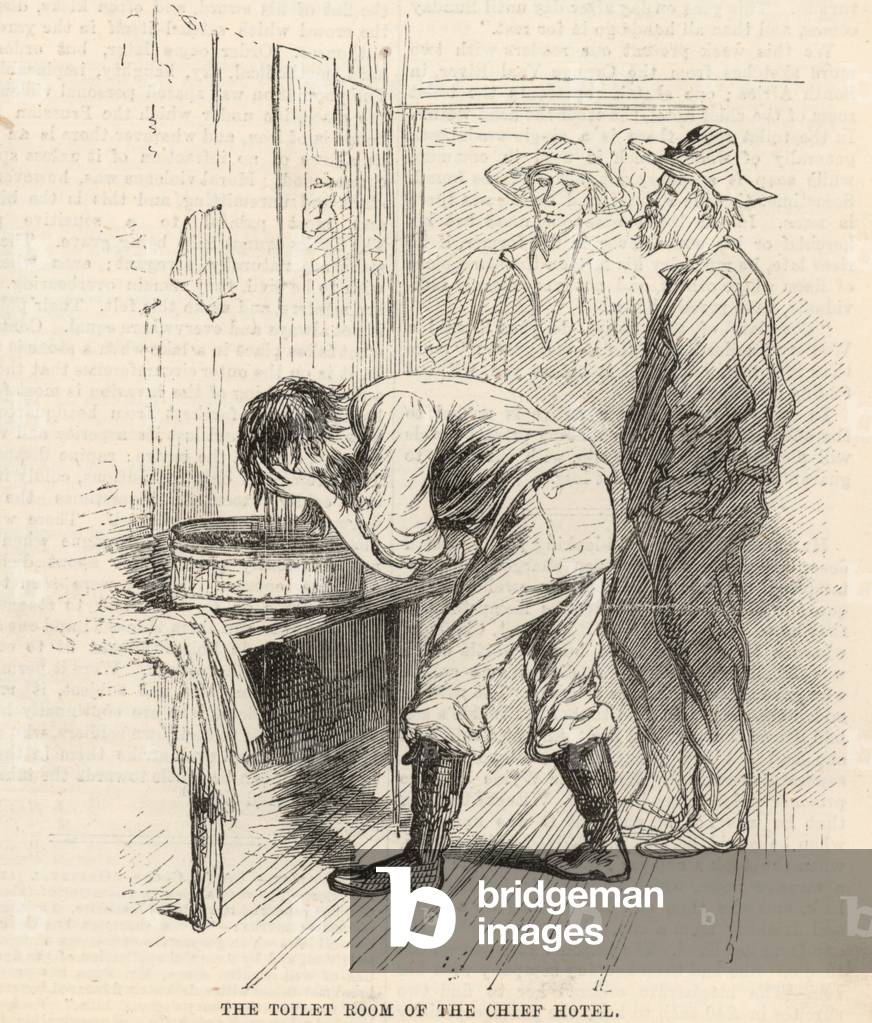 The diamond fields at Orange Vaal River, South Africa; The toilet room of the chief hotel (engraving)