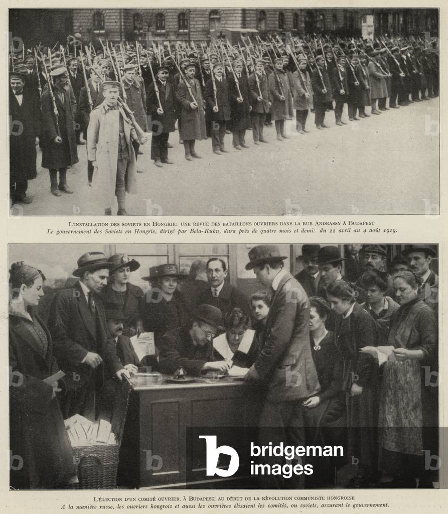 Hungarian Revolution, 1919: battalions of armed workers on the streets of Budapest, and an election to a workers' committee (b/w photo)