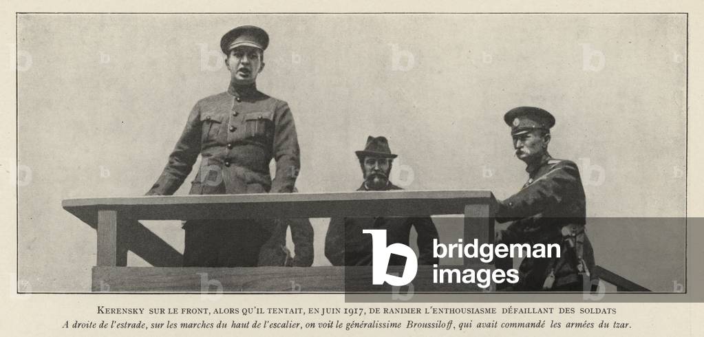 Prime Minister Alexander Kerensky trying to galvanise the morale of demoralised Russian troops during a visit to the front, World War I, 1917 (b/w photo)