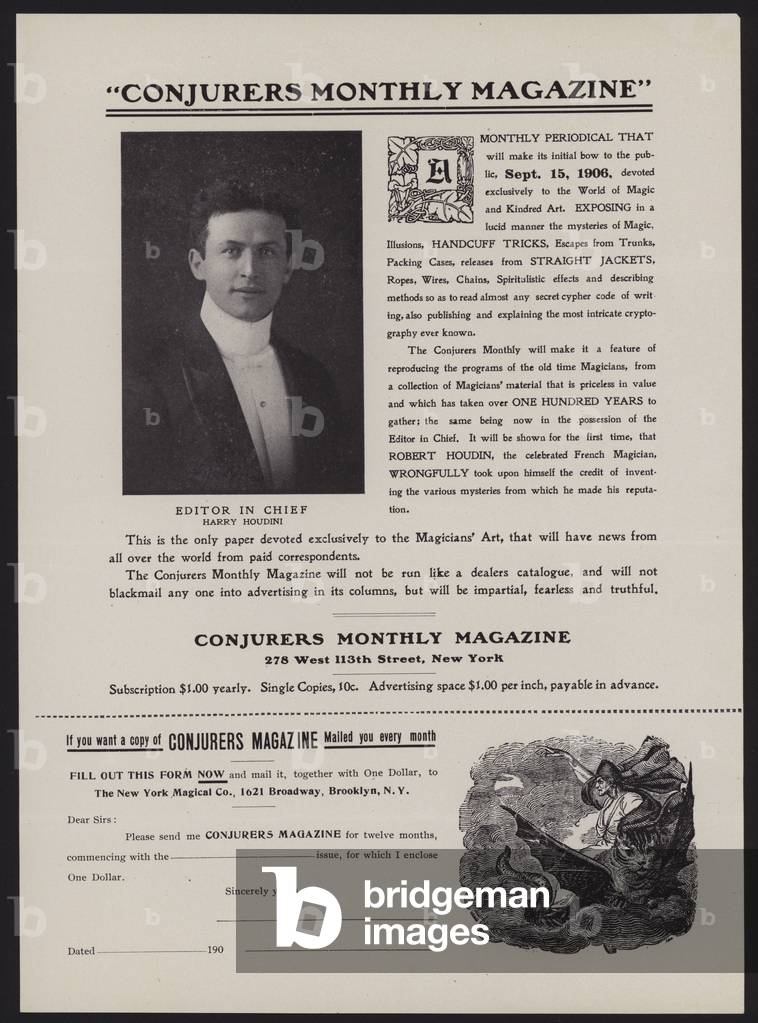 Subscription form for Conjurers Monthly Magazine, Editor In Chief Harry Houdini (litho)