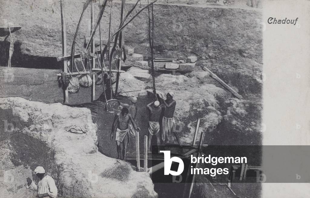 Men working a shadoof, a mechanism for bringing water up from a well, North Africa (b/w photo)