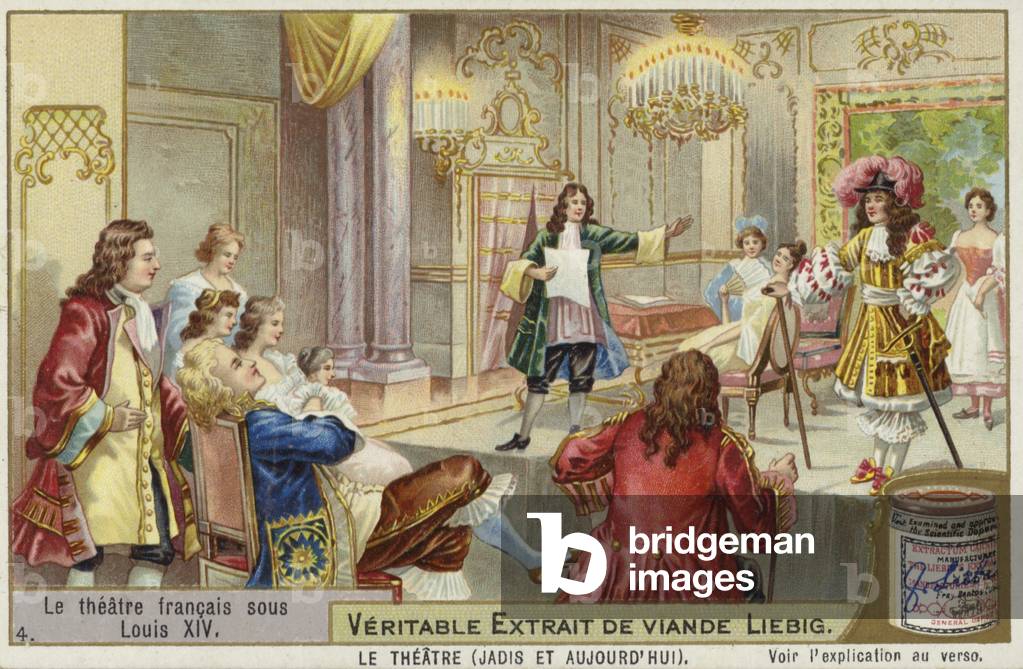 Liebig card featuring French theatre during the reign of Louis XIV (colour litho)