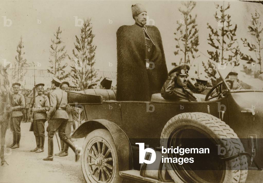 Russian troops in Teheran, capital of Persia, showing the Grand Duke Nicholas, early 1916 (b/w photo)