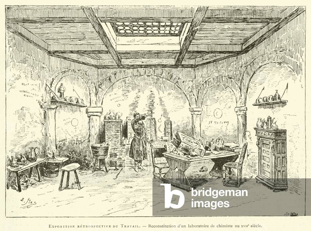 Exposition retrospective du Travail, reconstitution d'un laboratoire de chimiste au XVIIe siecle (engraving)