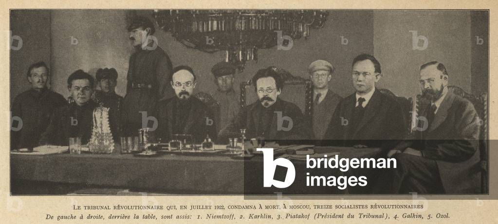 Revolutionary tribunal of the 1922 Moscow Trial of Socialist Revolutionaries, the first Soviet show trial (b/w photo)