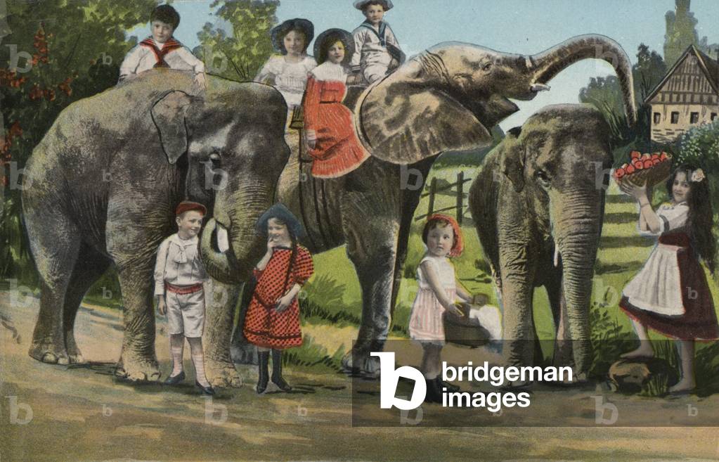 Surreal picture of children and animals (colour litho)