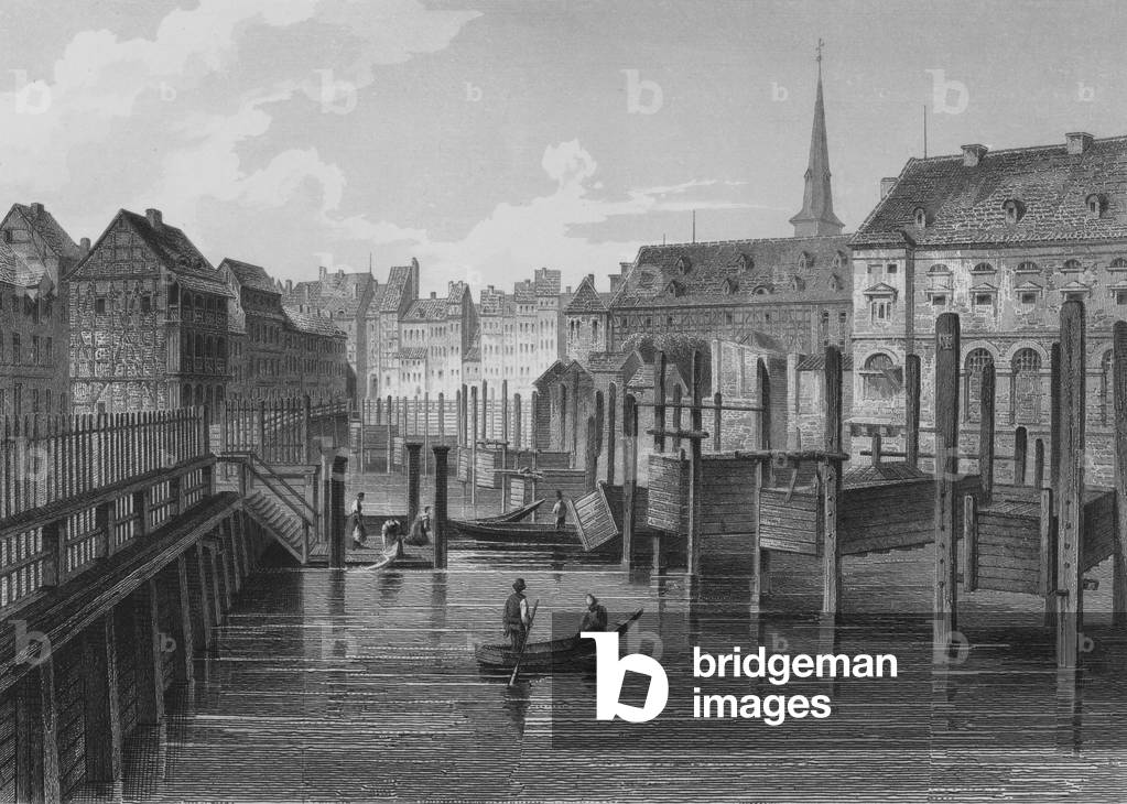 At the Fischerbruecke, Berlin (steel engraving)