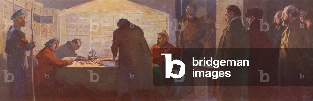 Bolsheviks going through the contents of safe deposit boxes in a bank, Russian Revolution, 1917 (colour litho)