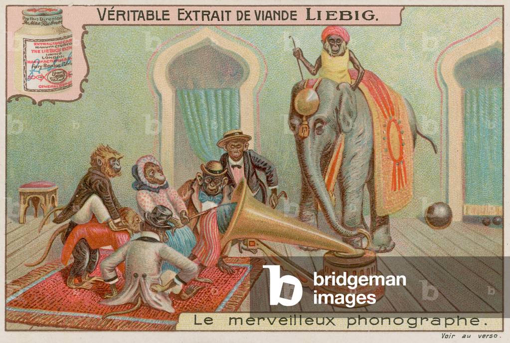 Monkeys and a gramophone (chromolitho)