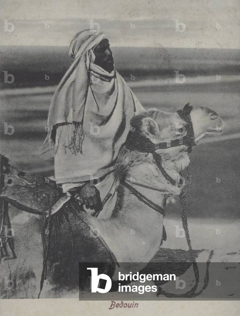 Bedouin man on a camel, Northern Africa (b/w photo)