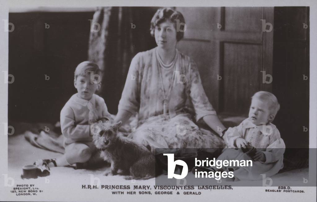 HRH Princess Mary, Viscountless Lascelles, with her sons, George and Gerald (b/w photo)