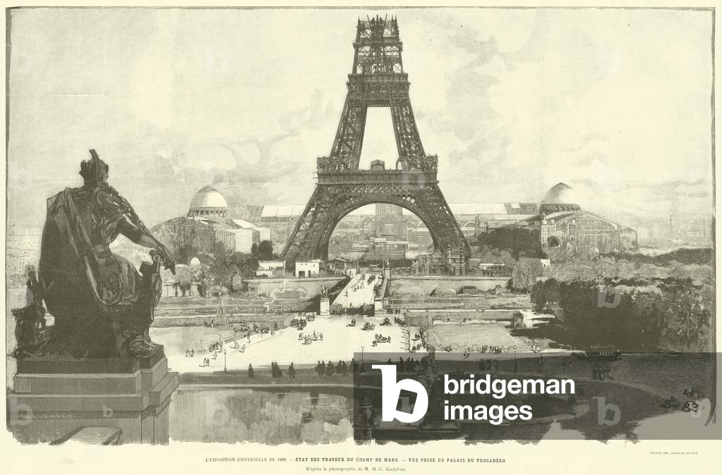 L'Exposition Universelle de 1889, Etat des Travaux du Champ de Mars, Vue Prise du Palais du Trocadero, D'apres la photographie de M H-C Godefroy (engraving)