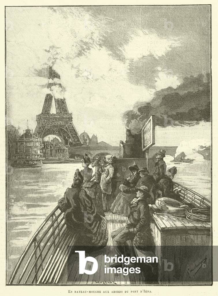 En bateau-mouche aux abords du pont d'Iena (engraving)
