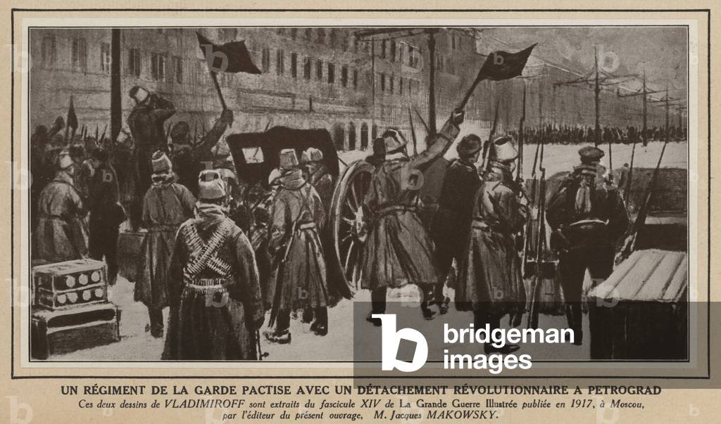 Regiment of the guard forming a pact with a revolutionary detachment on the streets of Petrograd, Russia, 1917 (litho)
