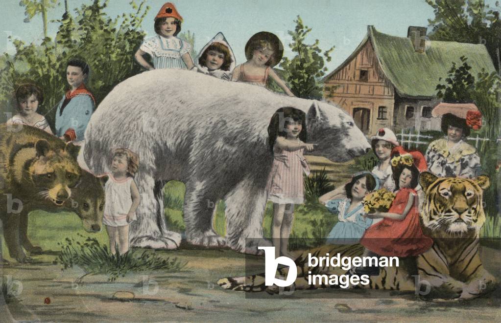 Surreal picture of children and animals (colour litho)