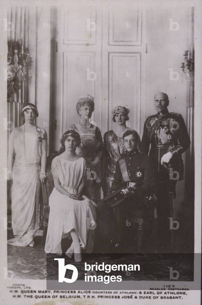 HM Queen Mary, Princess Alice, Countess of Athlone and Earl of Athlone, HM The Queen of Belgium, TRH Princess Jose and Duke of Brabant (b/w photo)