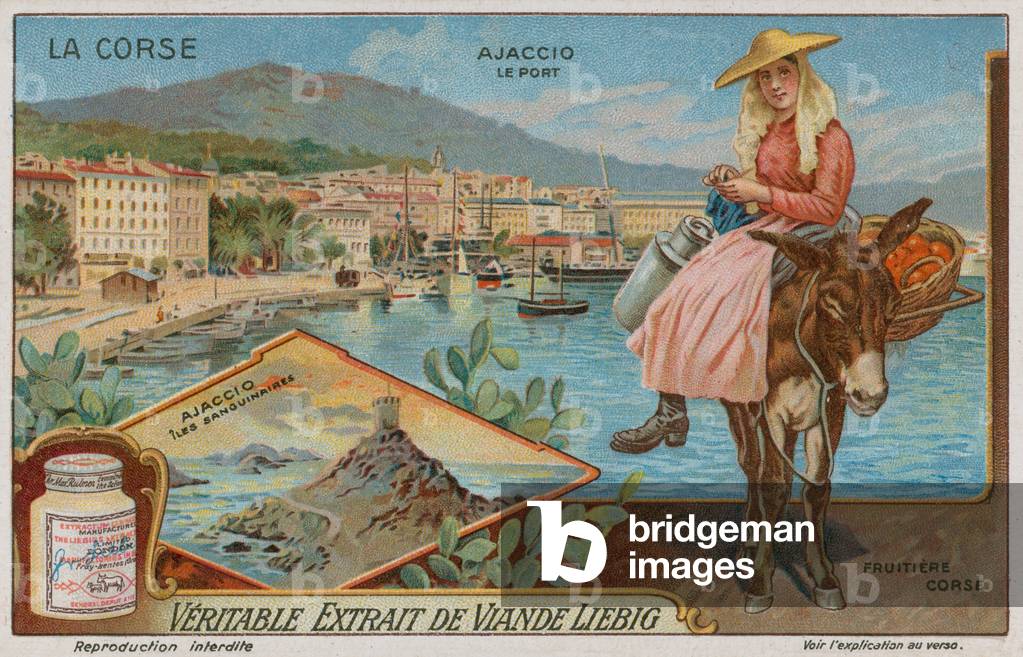 Ajaccio, Iles Sanguinaires archepelago and a fruit-seller (chromolitho)
