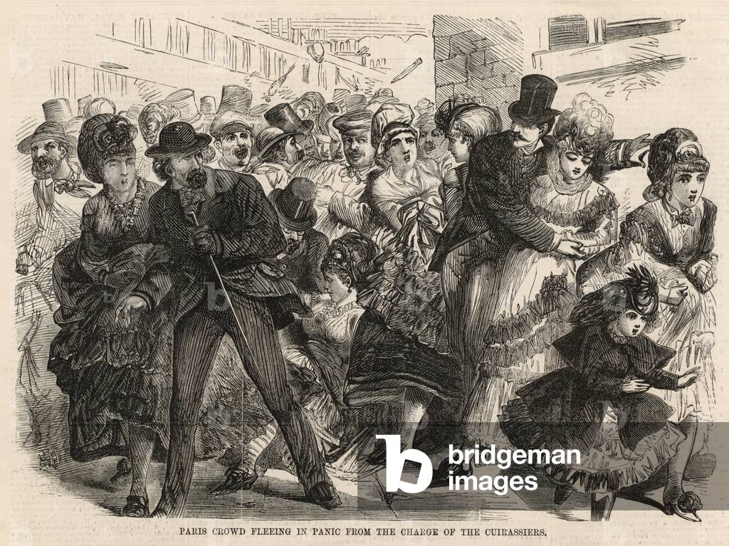 Paris crowd fleeing the panic from the charge of the Cuirassiers (engraving)