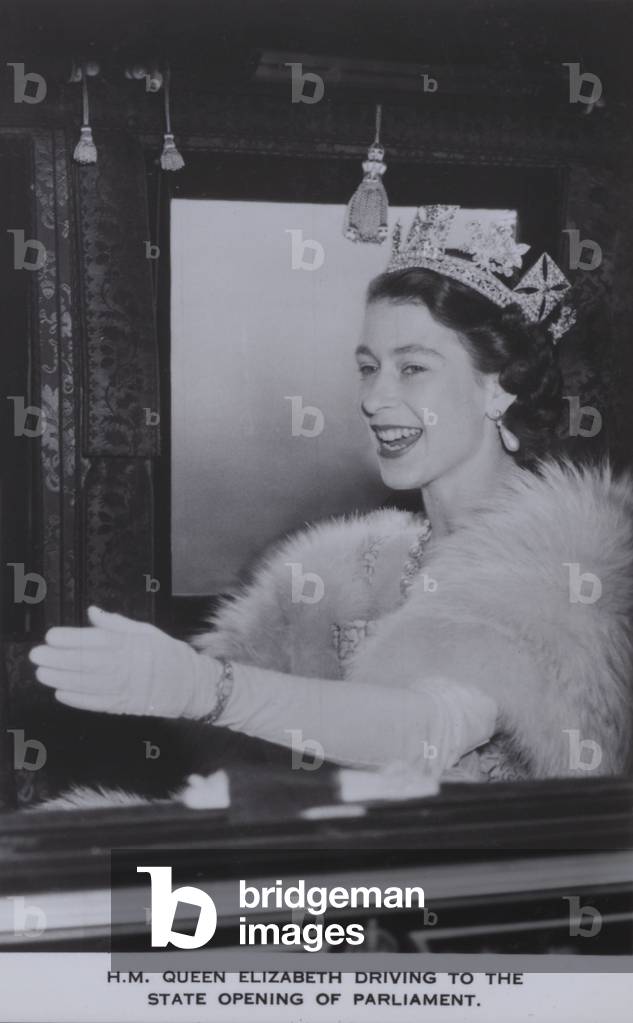 HM Queen Elizabeth driving to the State Opening of Parliament (b/w photo)
