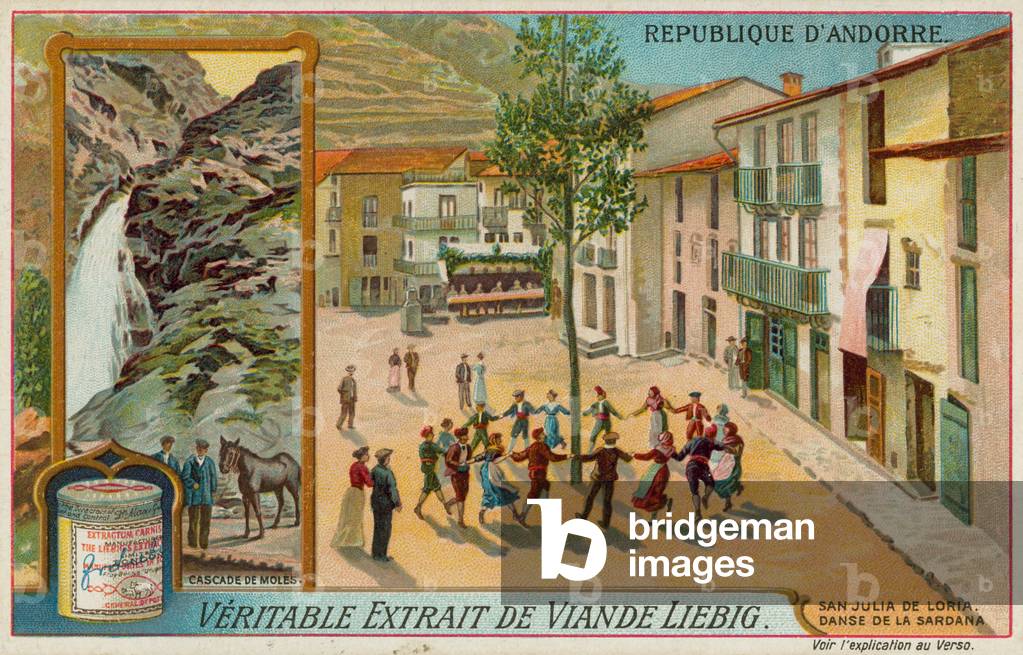 Cascade de Moles and Sardana dancers in San Julia de Loria (chromolitho)