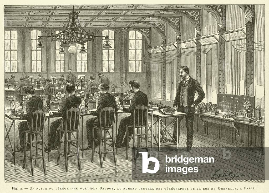 Un poste du telegraphe multiple Baudot, au bureau central des telegraphes de la rue de Grenelle, a Paris (engraving)