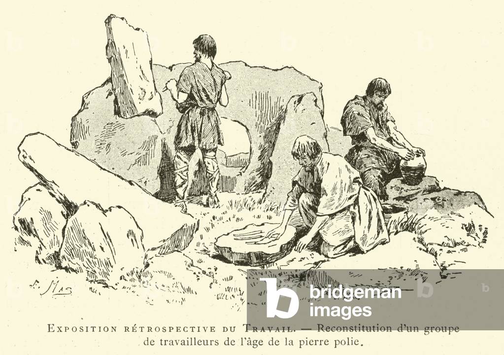 Exposition retrospective du Travail, reconstitution d'un groupe de travailleurs de l'age de la pierre polie (engraving)