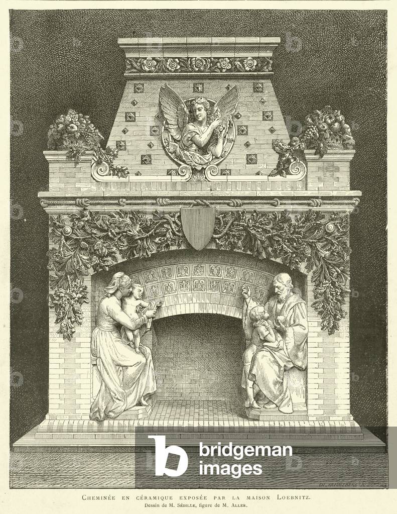 Cheminee en ceramique exposee par la maison Loebnitz, Dessin de M Sedille, figure de M Aller (engraving)