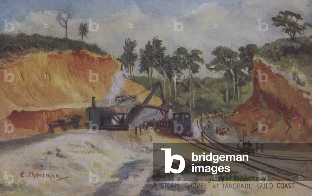 Steam shovel; at Takoradi Gold Coast, Ghana (colour litho)