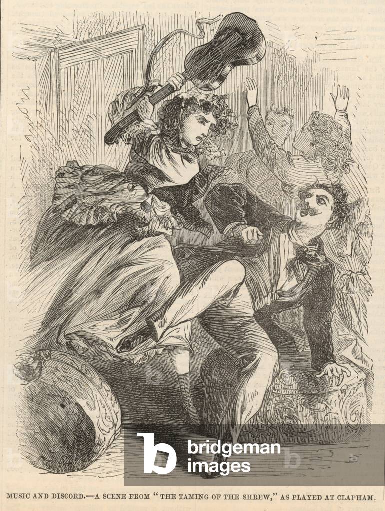 Music and discord; A scene from The Taming of the Shrew as played at Clapham (engraving)