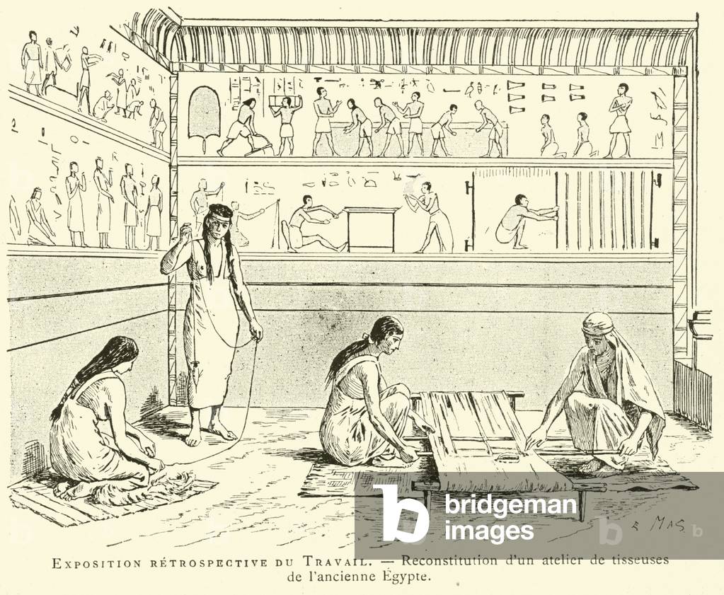 Exposition retrospective du Travail, reconstitution d'un atelier de tisseuses de l'ancienne Egypte (engraving)