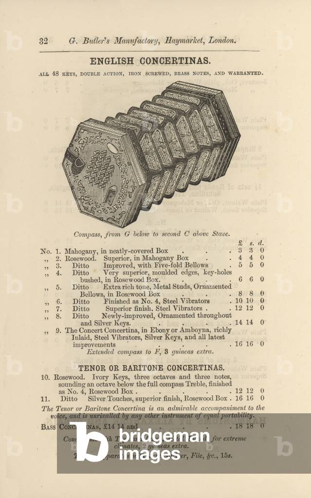 Page from G Butler's Illustrated Catalogue of Musical Instruments (engraving)