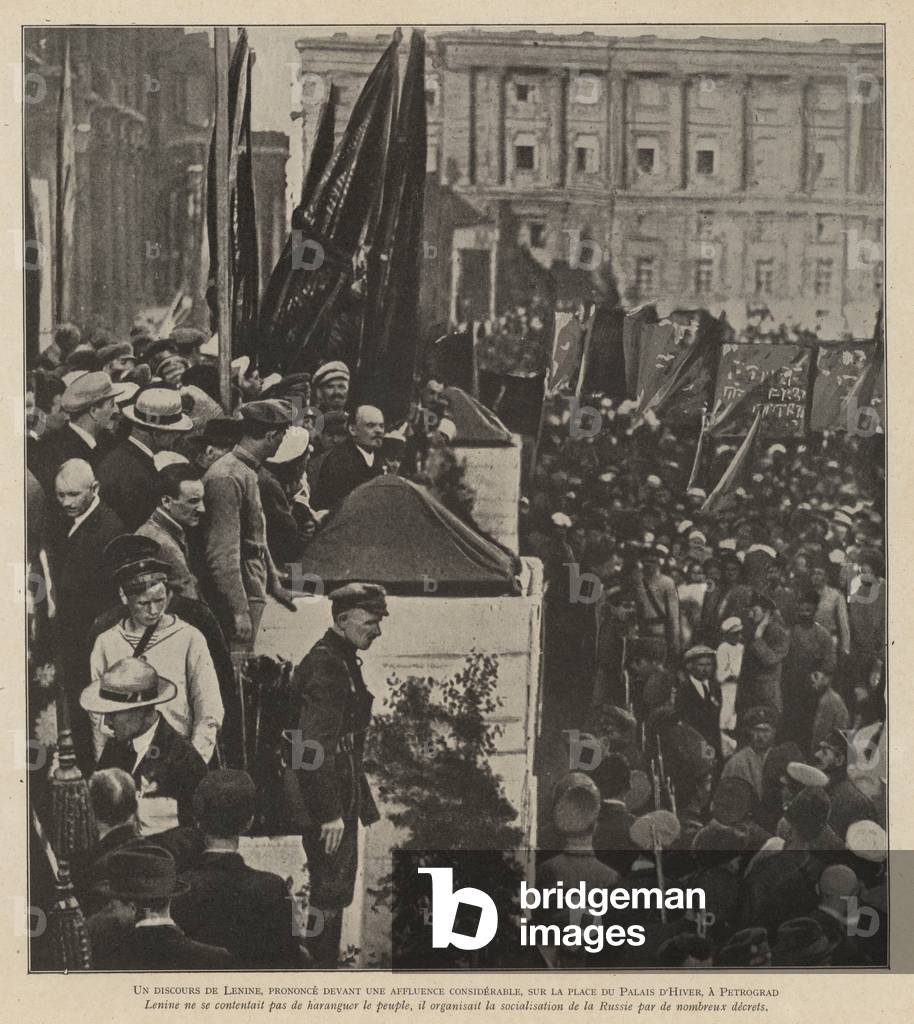 Russian Bolshevik leader Lenin addressing crowds on the square outside the Winter Palace, Petrograd, 1918 (b/w photo)