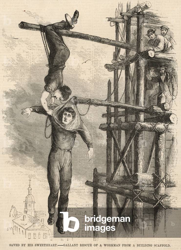 Gallant rescue of a workman from a building scaffold (engraving)