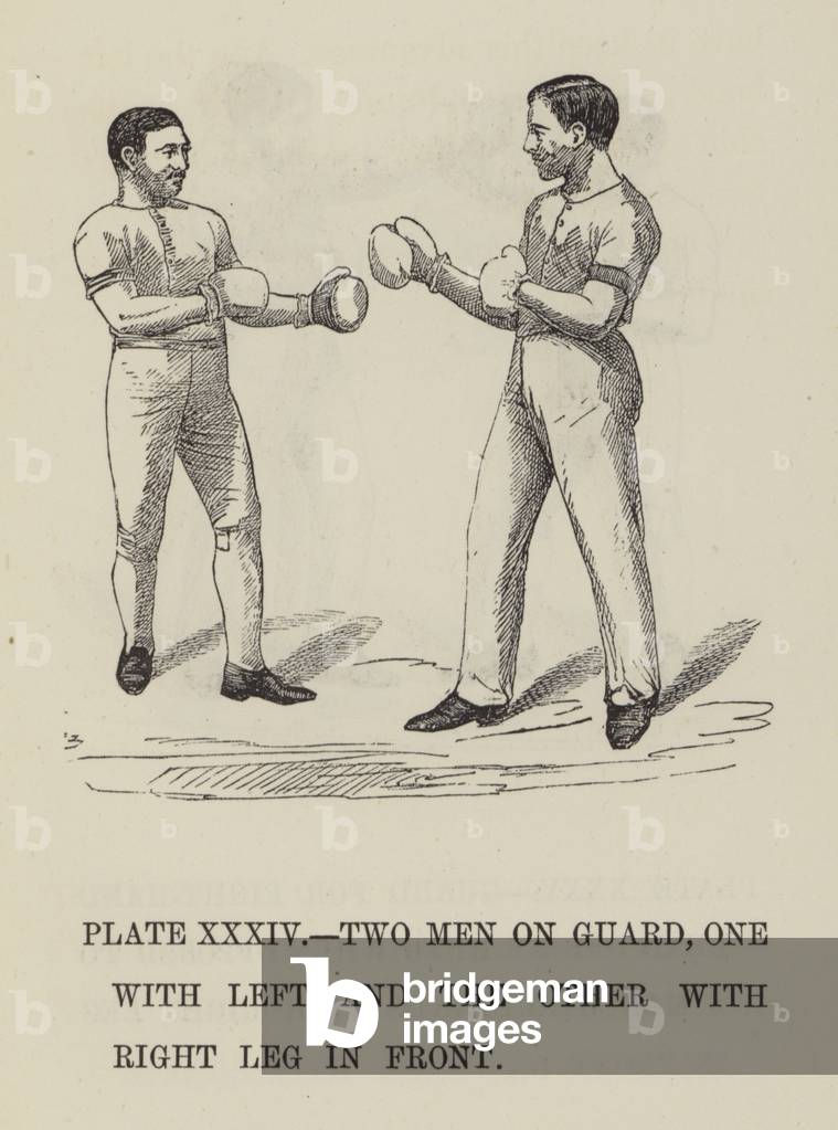 Two men on guard, one with left and the other with right leg in front (engraving)