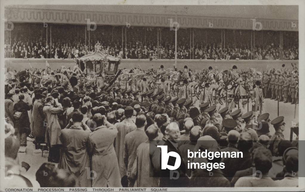 Coronation procession passing through Parliament Square (b/w photo)