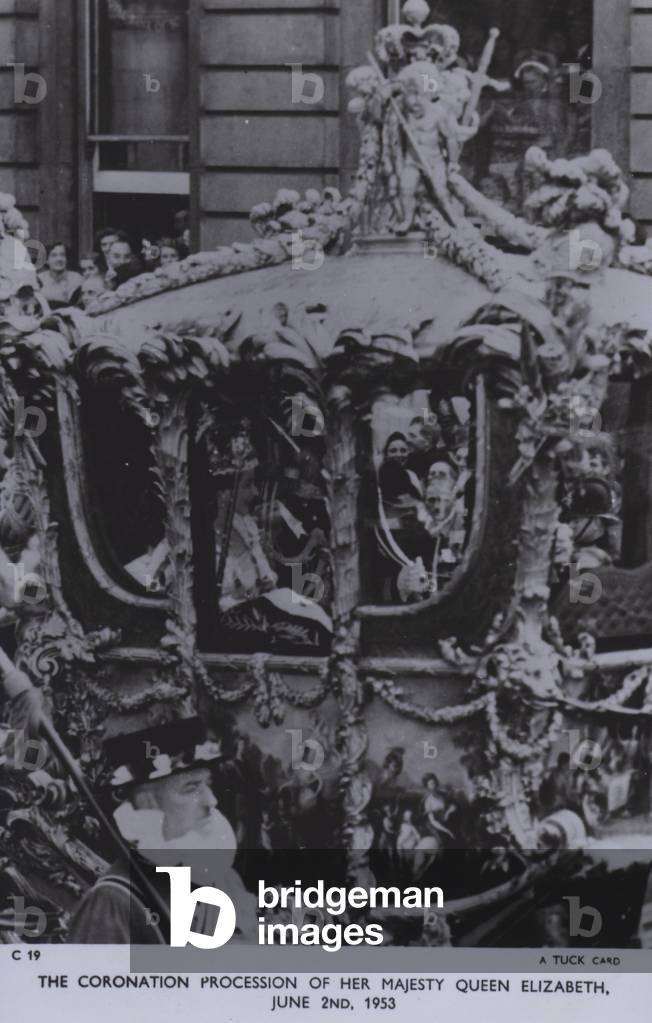 The coronation procession of her majesty Queen Elizabeth, 2 June 1953 (b/w photo)